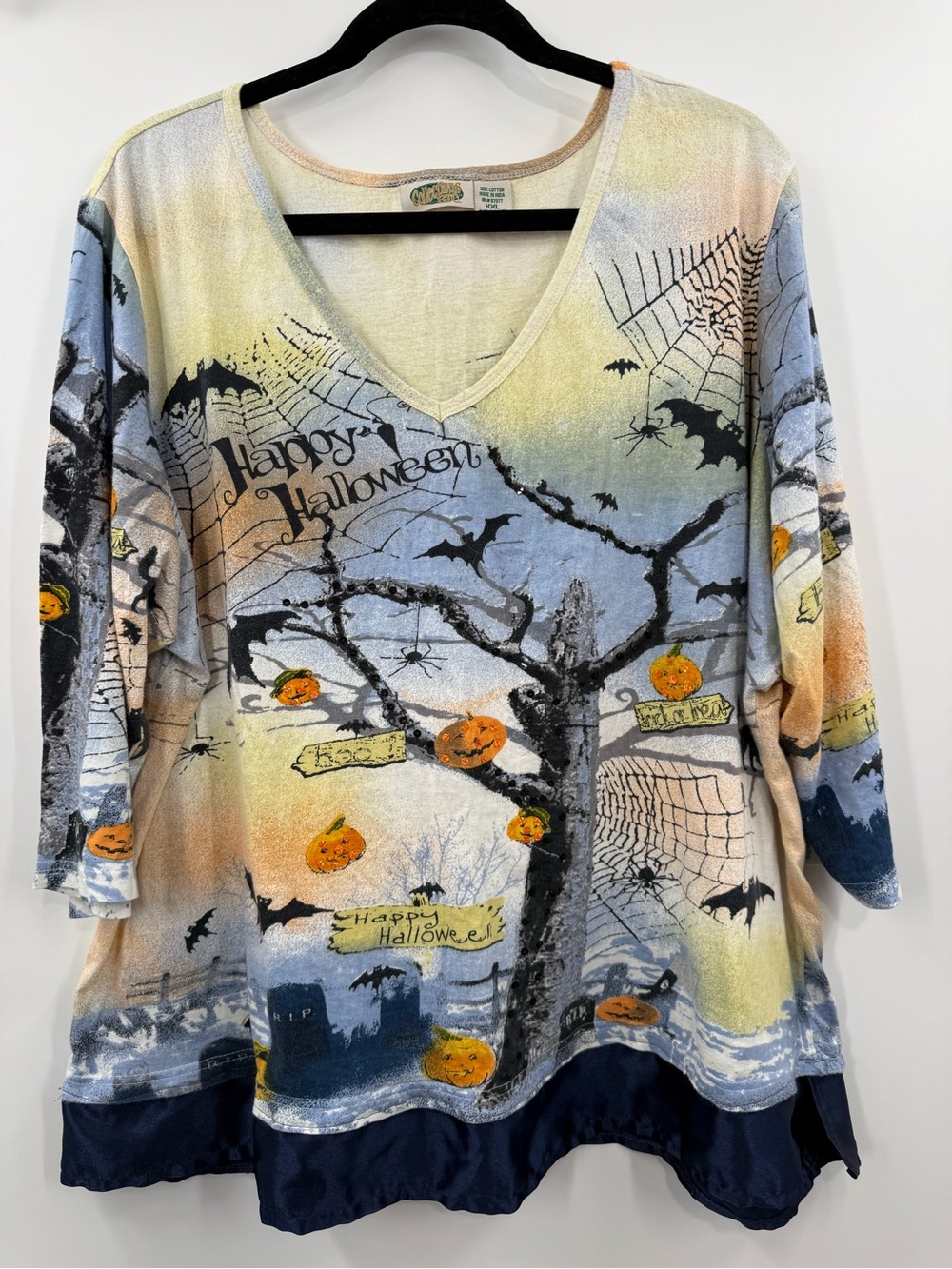 Collections Etc Halloween Haunted House Pumpkin Bat Print Top Size XXL